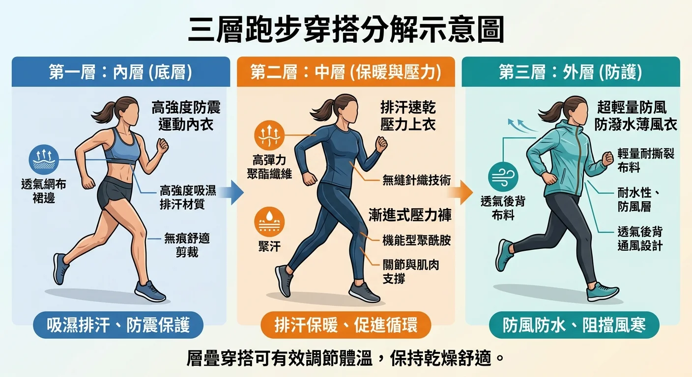 三層跑步穿搭分解示意圖，從內到外展示防震內衣、排汗壓力褲上衣、薄風衣，搭配清晰的材質標註