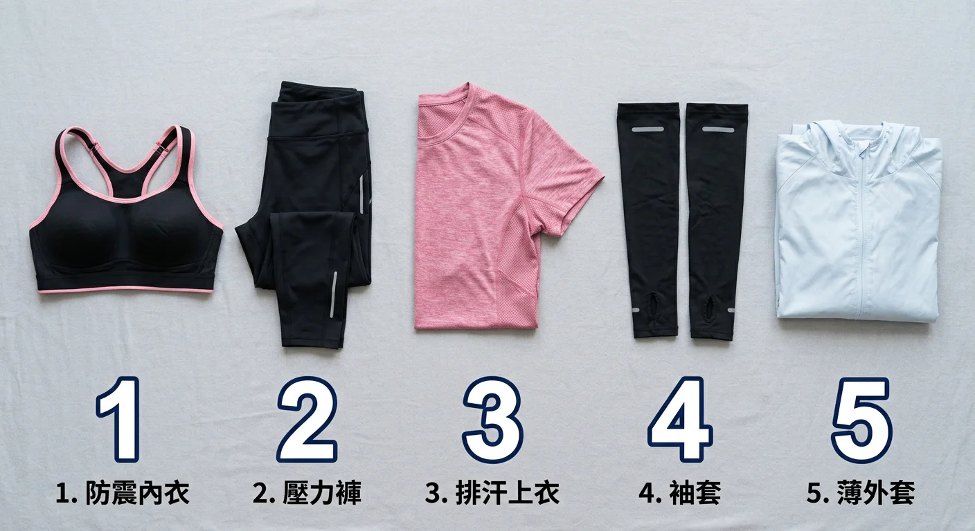 初跑者跑步穿搭採購清單示意圖，五件單品整齊排列：防震內衣、壓力褲、排汗上衣、袖套、薄外套，下方有清晰的數字標示