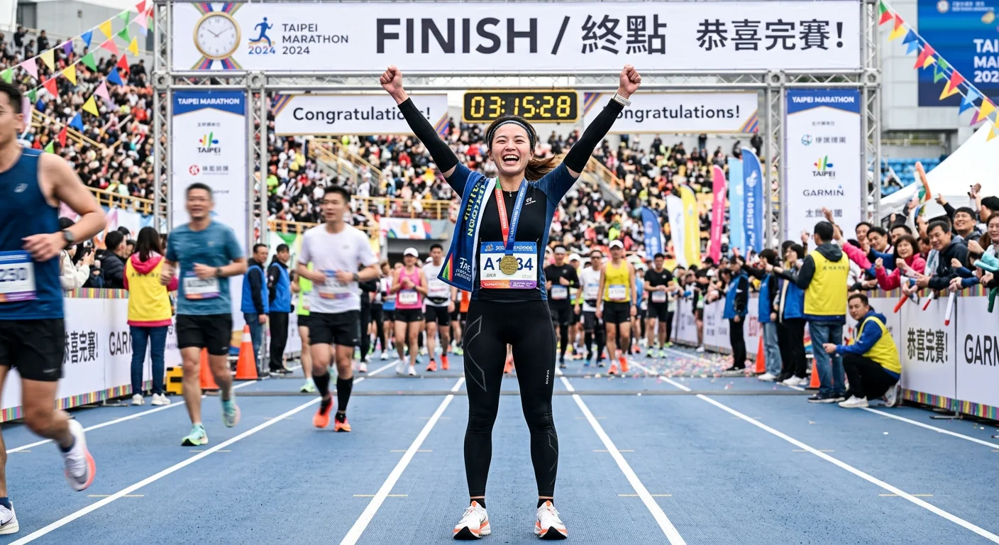 一位女性跑者在完賽後開心站在終點線，身穿完整壓力褲跑步裝備，背景是路跑賽道，充滿成就感