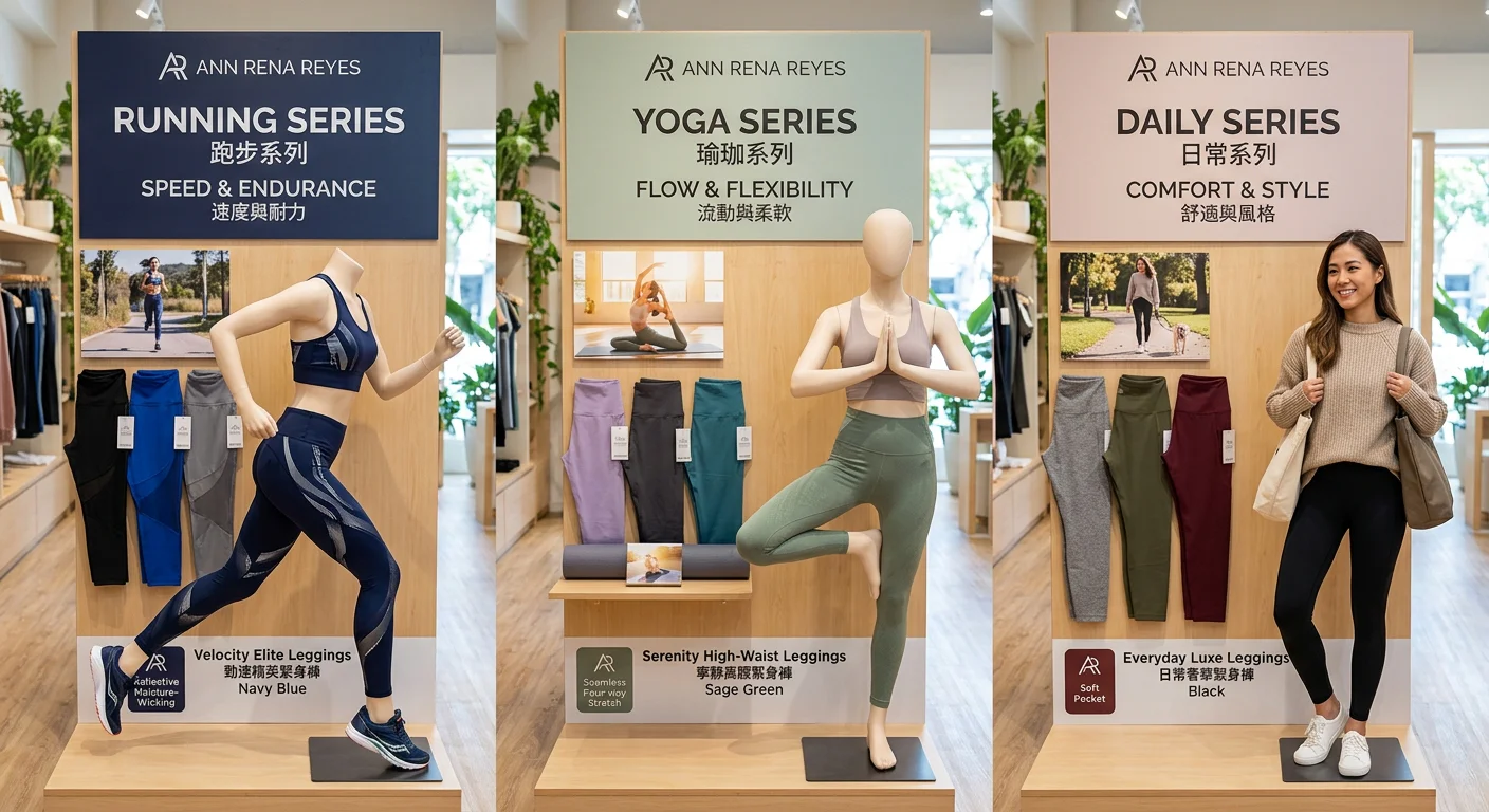 ANN RENA REYES 三個系列的運動緊身褲排列展示，跑步、瑜珈、日常三種場景