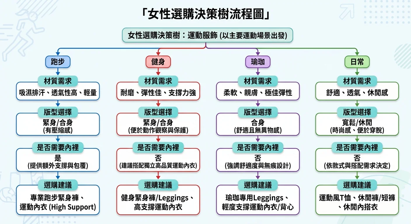 女性選購決策樹流程圖,從「主要運動場景」出發,分四個分支(跑步、健身、瑜珈、日常),每個分支連接到「材質需求」再到「版型選擇」再到「是否需要內裡」,最後收斂到選購建議,使用清楚的箭頭和圓角方框