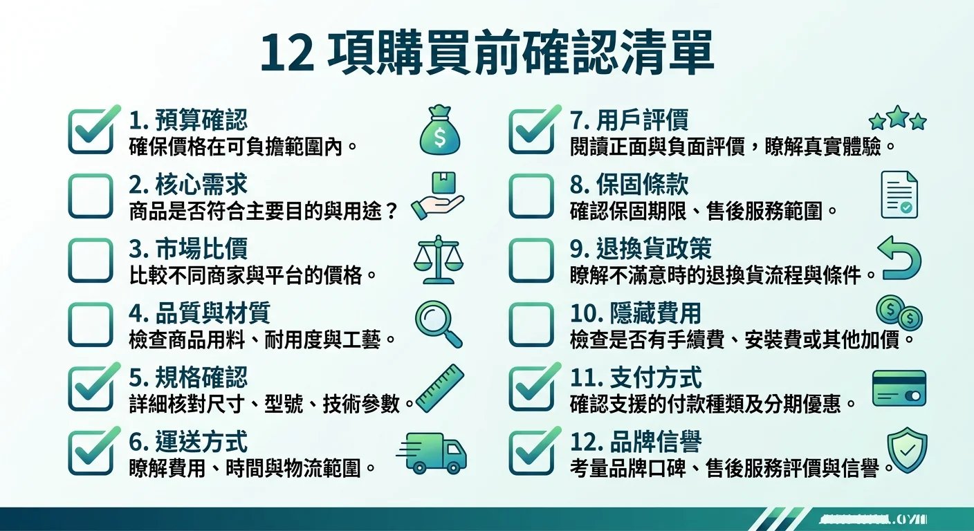 12 項購買前確認清單視覺化,使用 checkbox 樣式(勾選方格+文字說明),分兩欄排列,共 12 項,背景為淡色,清楚易讀,每個 checkbox 旁邊有短說明
