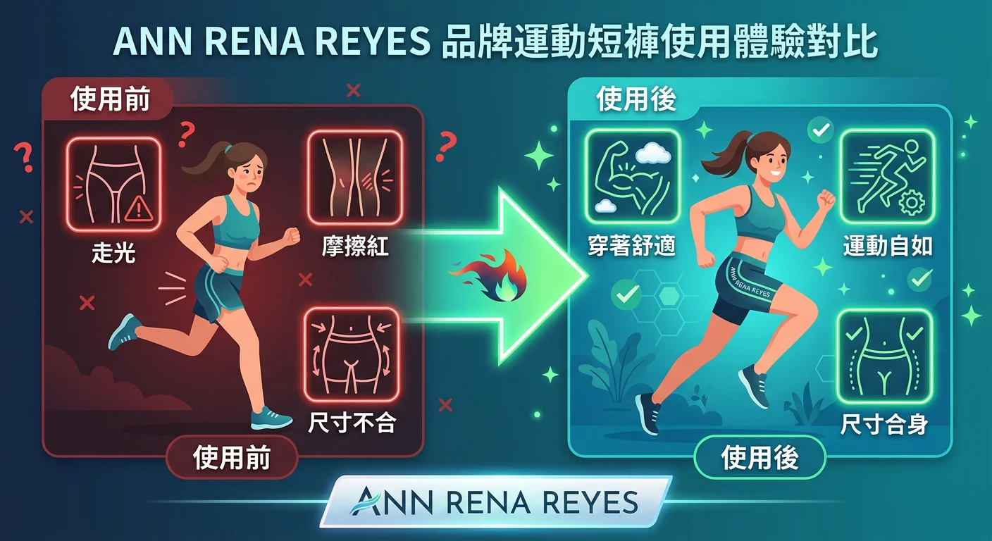 ANN RENA REYES 品牌運動短褲使用前後體驗對比說明圖,左側「使用前」顯示常見困擾圖示(走光、摩擦紅、尺寸不合),右側「使用後」顯示正面結果圖示(穿著舒適、運動自如、尺寸合身),中間箭頭,底部品牌名稱,設計感較強的說明圖