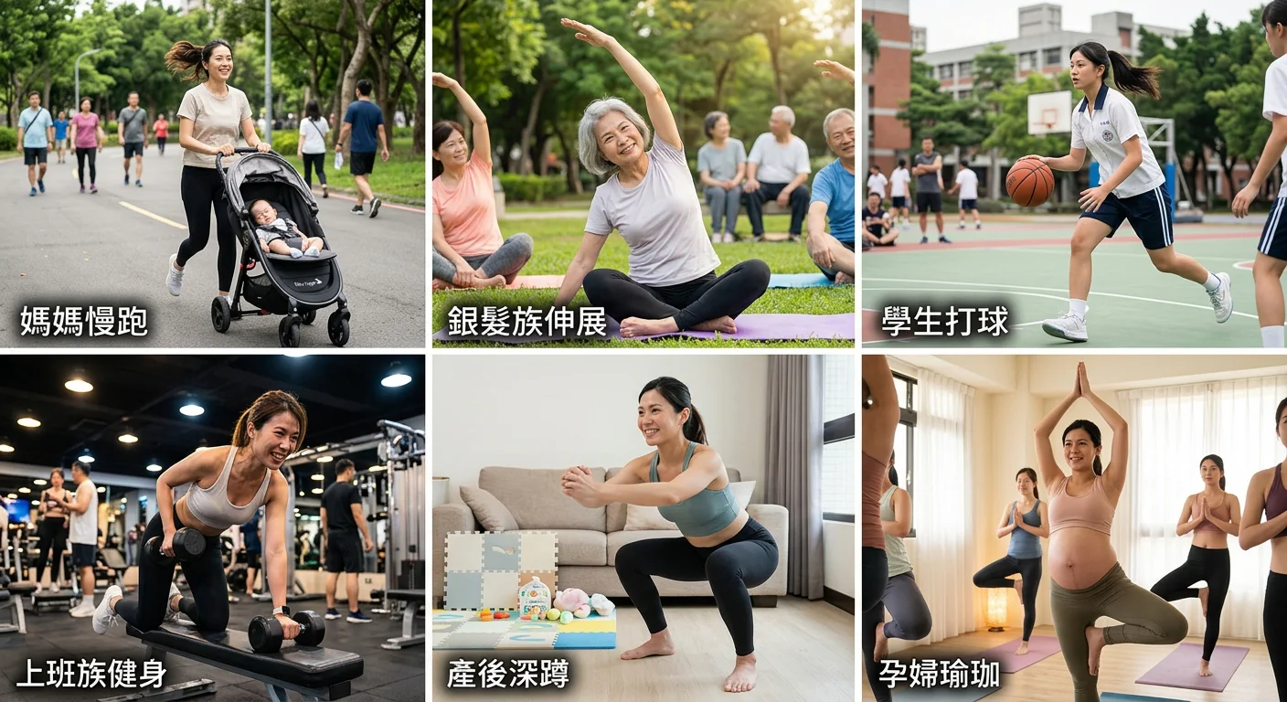 六種族群女性各自在不同場景運動的拼圖式視覺——媽媽推嬰兒車慢跑、銀髮族做伸展、學生打球、上班族下班健身、孕婦做瑜珈、產後媽媽做深蹲,六格並排呈現生活感