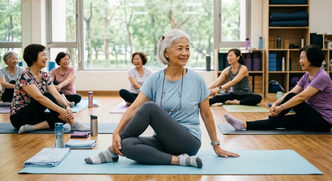 銀髮族女性在健身房伸展操或瑜珈課的生活場景,穿著廣腰彈性壓力褲與輕薄機能上衣,畫面溫暖親切,非廣告感