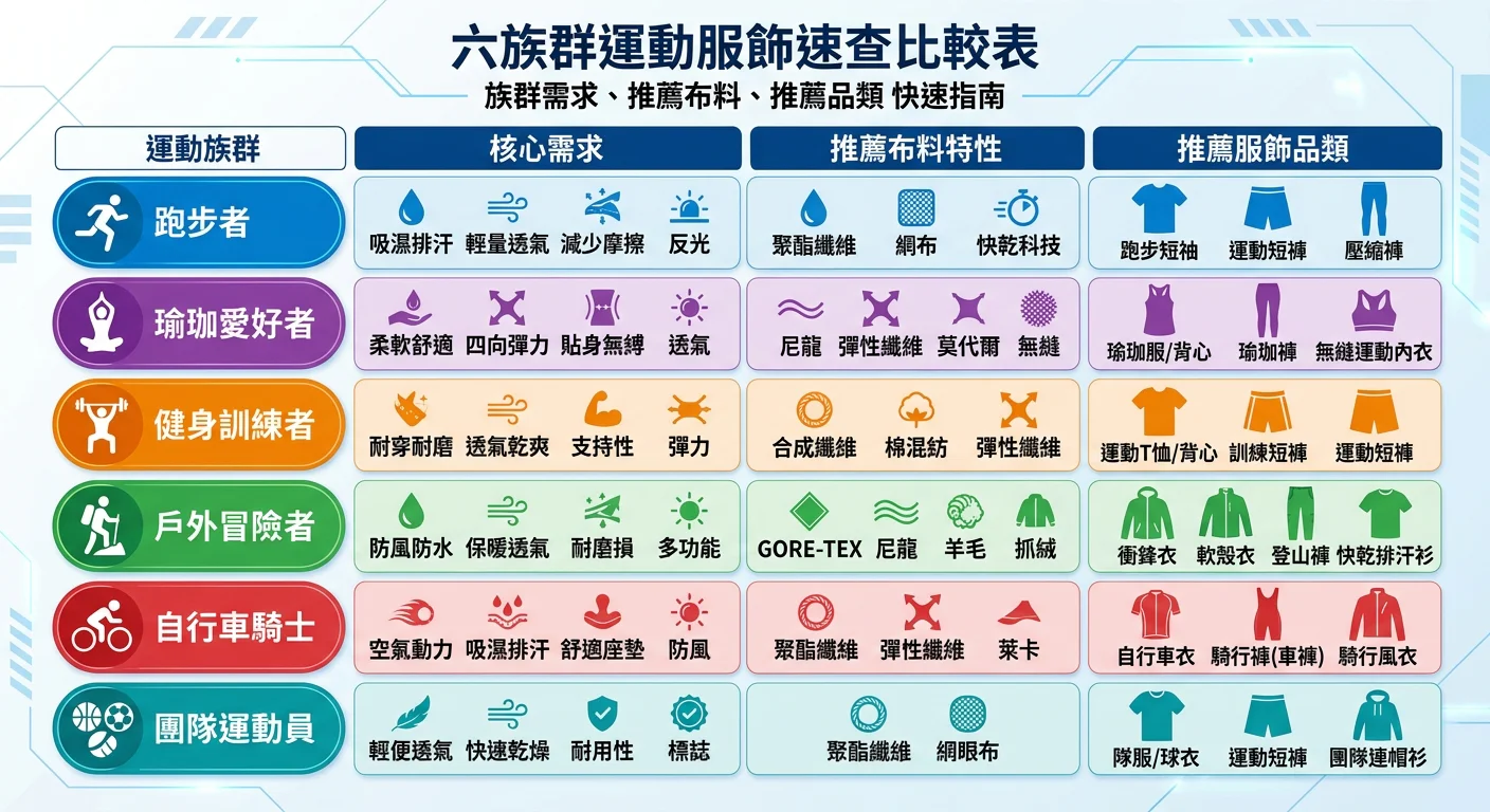 六族群運動服飾速查比較表視覺化,以圖表方式呈現各族群需求、推薦布料、推薦品類,設計乾淨清晰