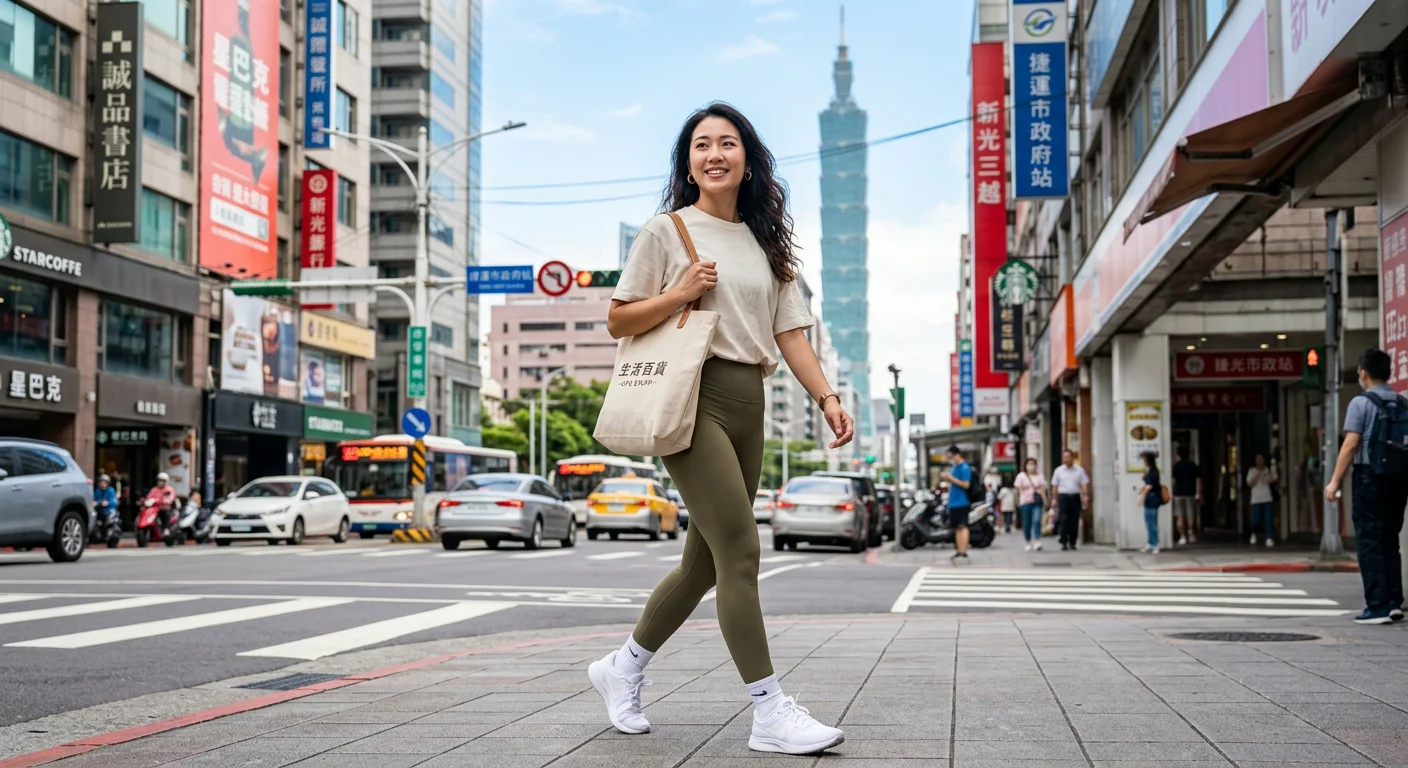 亞洲女性站在城市街頭，穿著大地色系高腰壓力褲搭配寬鬆米白色上衣，手提帆布托特包，腳踩白色運動鞋，背景是台北都市街景，整體風格乾淨時尚，展示運動風融入日常的穿搭效果