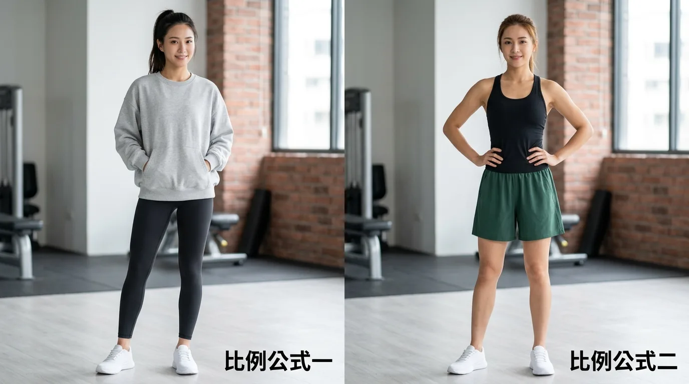 兩組穿搭對比圖，左側：寬鬆上衣搭合身壓力褲（上寬下窄比例），右側：緊身上衣搭寬鬆運動短褲（上窄下寬比例），兩種穿搭都搭配白色球鞋，底部有文字標示「比例公式一」和「比例公式二」