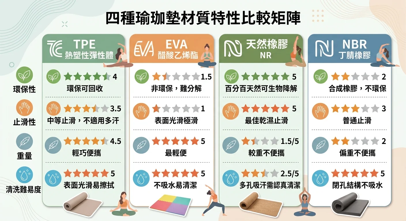 四種瑜珈墊材質特性比較矩陣視覺化——TPE、EVA、NR、NBR 四欄，每欄以小圖示標示環保性、止滑、重量、清洗難易度，直覺一眼看懂
