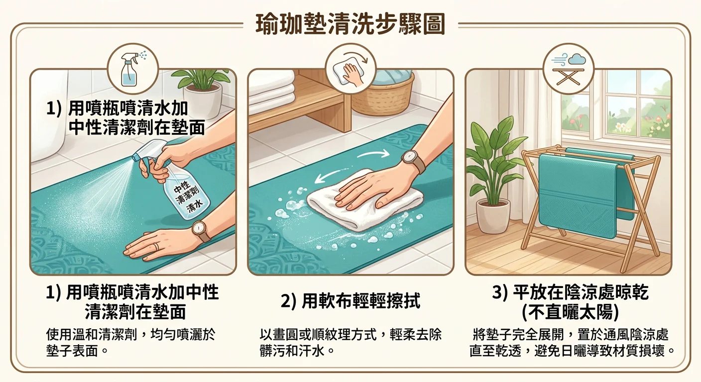瑜珈墊清洗步驟圖，三格分鏡：1) 用噴瓶噴清水加中性清潔劑在墊面；2) 用軟布輕輕擦拭；3) 平放在陰涼處晾乾（不直曬太陽）。每格有文字說明