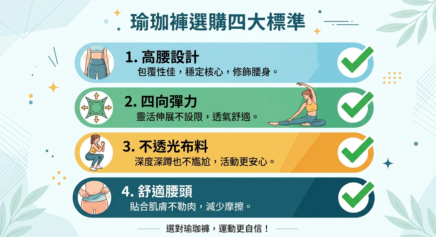 瑜珈褲選購四大標準 checklist 圖示：高腰設計、四向彈力、不透光布料、舒適腰頭，每項旁邊有打勾圖示，排版清爽