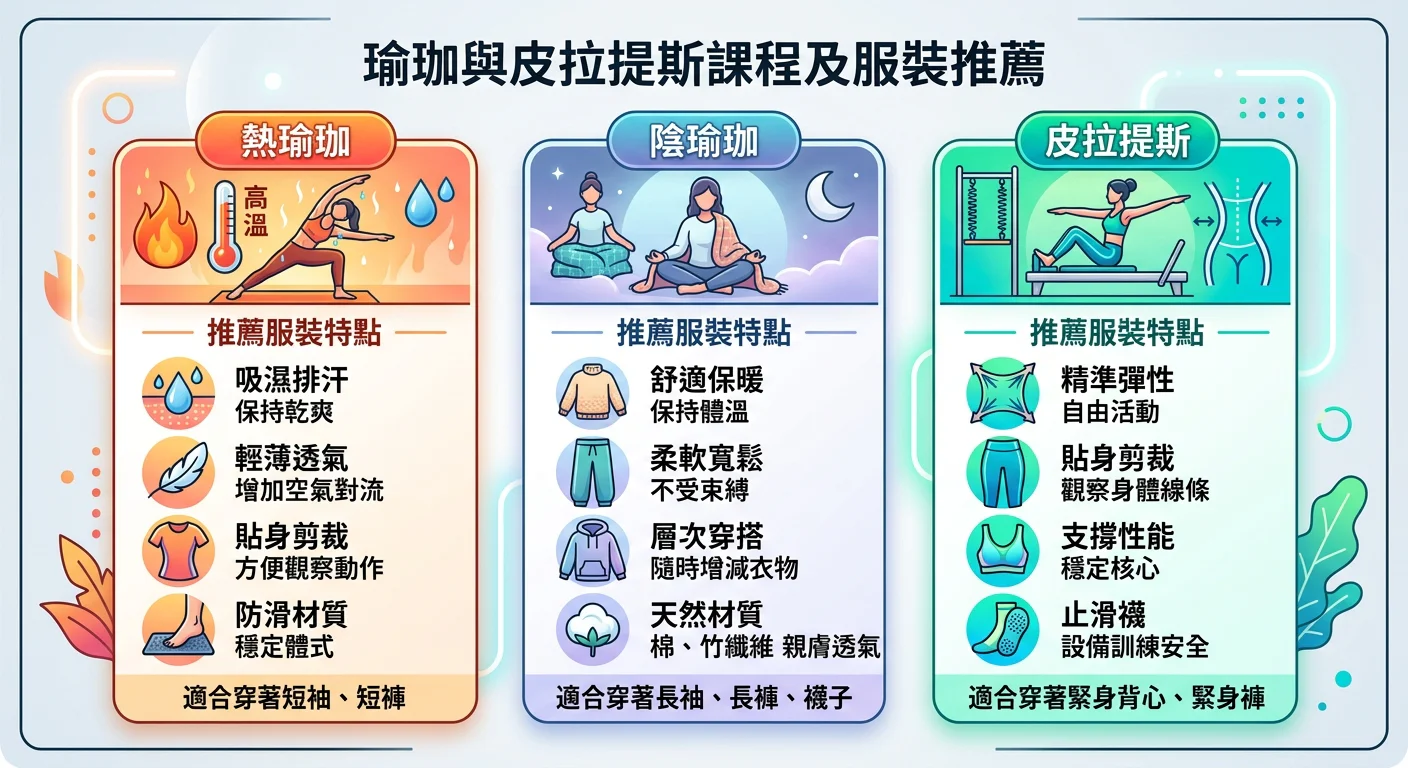 三個並列欄位圖示，分別代表熱瑜珈（高溫、汗水圖示）、陰瑜珈（靜態姿勢、保暖圖示）、皮拉提斯（精準動作、線條圖示），每欄列出推薦服裝特點