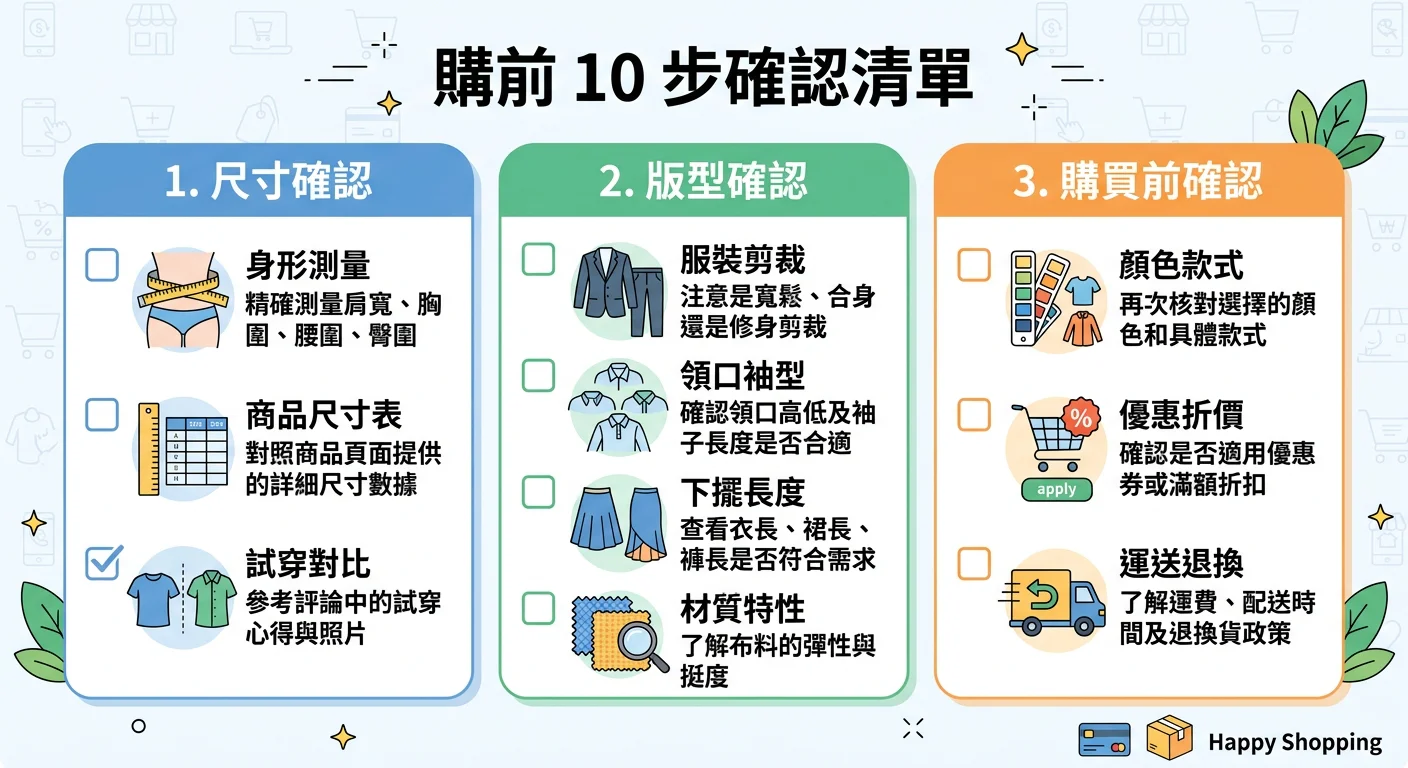 購前 10 步確認清單圖示，整齊的清單格式，每項前面有勾選框，分為尺寸確認、版型確認、購買前確認三組，設計清晰