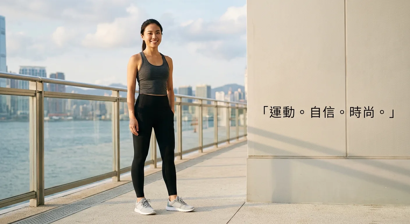 一位亞洲女性穿著黑色高腰壓力褲，站姿自信，配色乾淨，旁邊有簡潔的品牌文字標誌