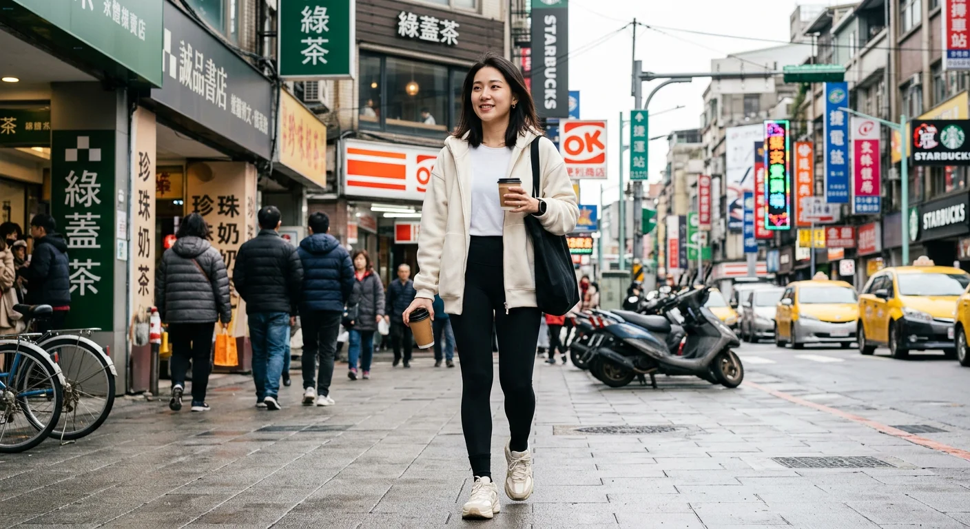 亞洲女性冬天街頭造型，穿著黑色高腰瑜珈褲搭配米白色長版衛衣外套，厚底球鞋，背景為台灣冬天都市街景，展示「上寬下緊」分層穿搭比例