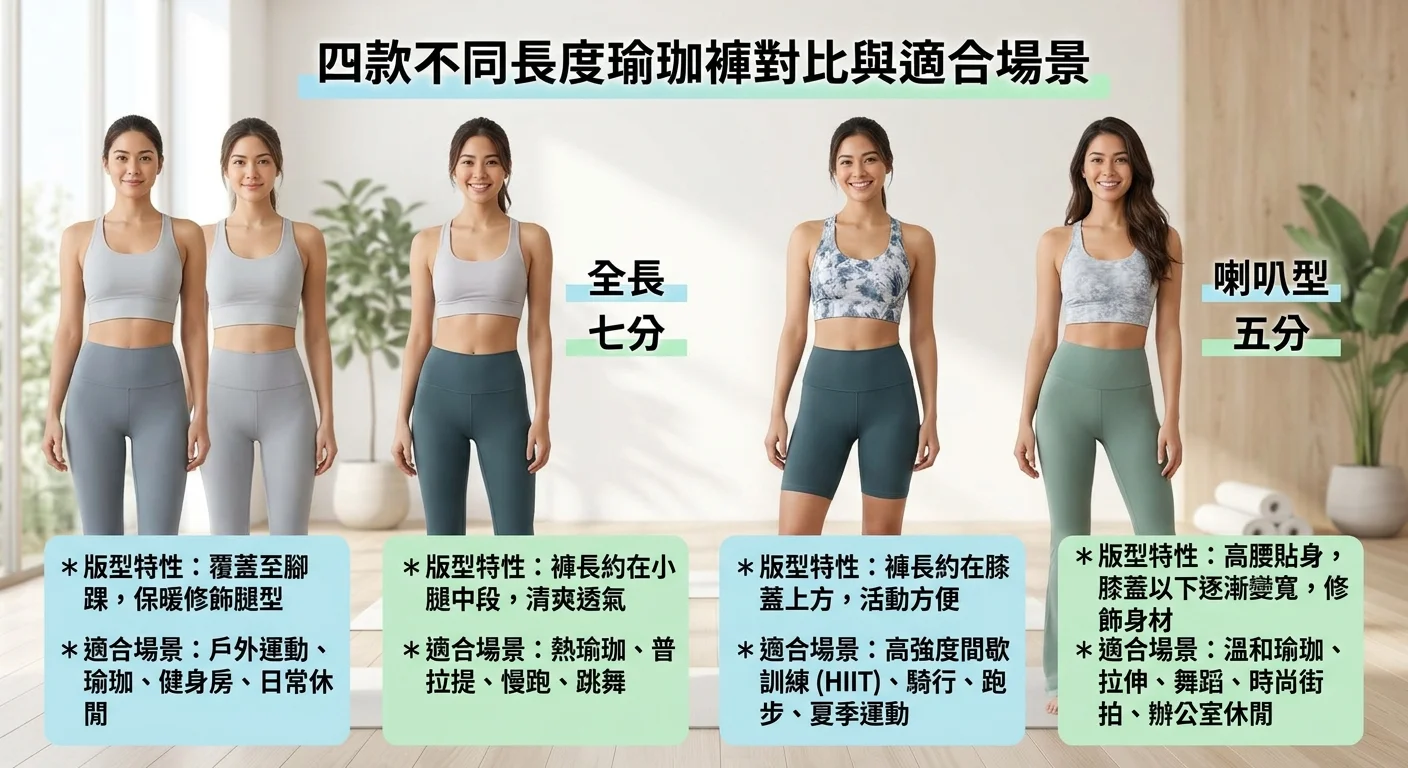 四款不同長度瑜珈褲的對比展示圖，從左到右分別是全長、七分、五分、喇叭型，每款旁邊標示適合場景，以清爽背景展示版型差異
