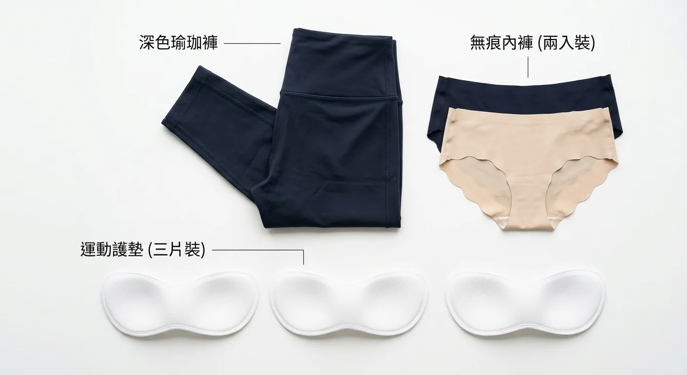整潔的運動服飾平放展示圖，包含一件深色瑜珈褲、無痕內褲和運動護墊，排列整齊，背景為白色，呈現瑜珈褲穿著配件組合