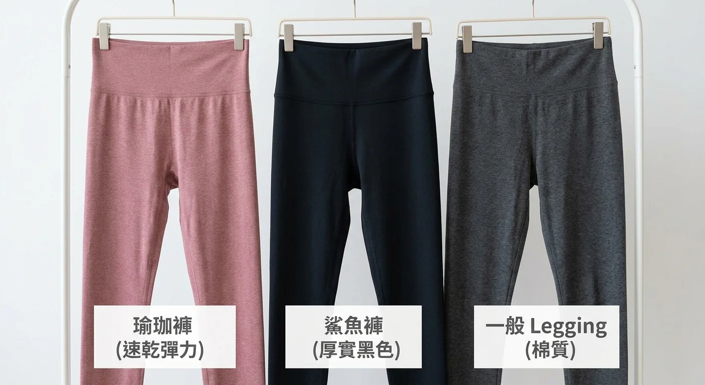 三種不同款式的褲子並排展示比較圖：左邊是瑜珈褲（速乾彈力）、中間是鯊魚褲（厚實黑色）、右邊是一般 Legging（棉質），下方標示各款主要用途標籤，清爽白底