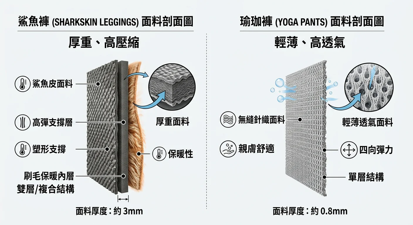 鯊魚褲和瑜珈褲的側面材質對比示意圖，顯示鯊魚褲厚重面料和瑜珈褲輕薄透氣面料的材質差異，以剖面圖方式展示