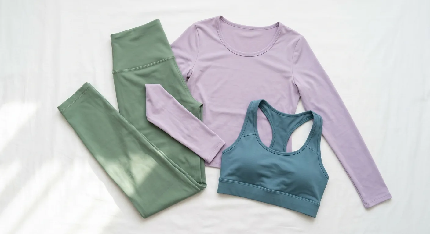 一套完整的瑜珈服飾組合平鋪展示:高腰瑜珈褲、輕薄瑜珈上衣、運動內衣,配色協調,背景白色乾淨,呈現整套穿搭的概念