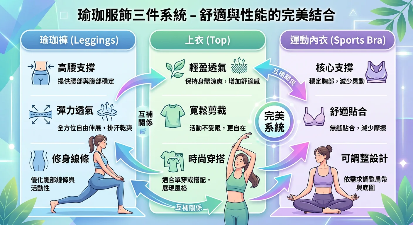 瑜珈服飾三件系統圖示,分三欄顯示瑜珈褲、上衣、運動內衣各自功能,箭頭顯示三件互補關係
