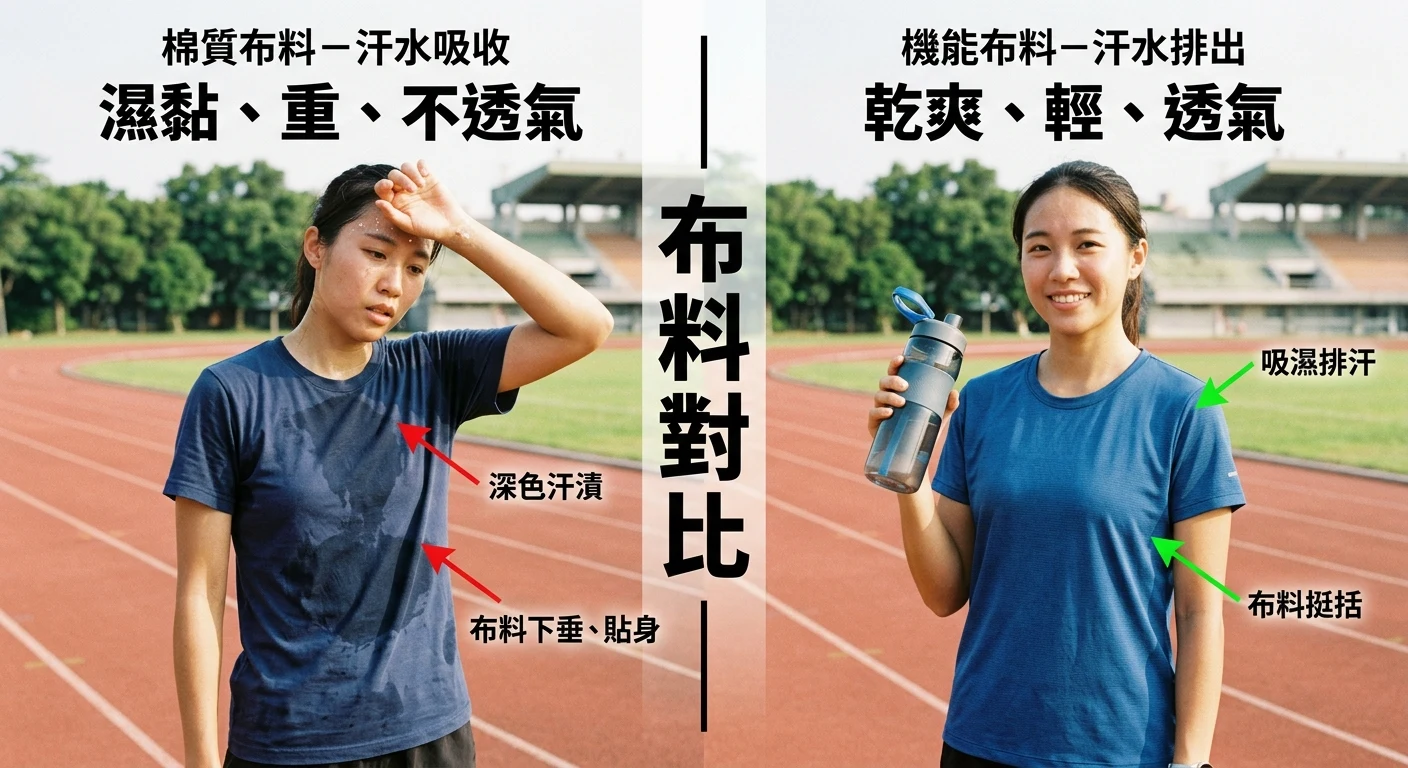 機能布料 vs 棉質布料對比情境照，左右兩格皆為同一位亞洲女性運動者在戶外操場：左格穿棉質上衣呈濕黏狀態（布料下垂、深色汗漬、神情疲憊），右格穿機能排汗上衣呈乾爽狀態（布料挺括、無汗漬、神情輕鬆），配合繁體中文文字標籤說明差異